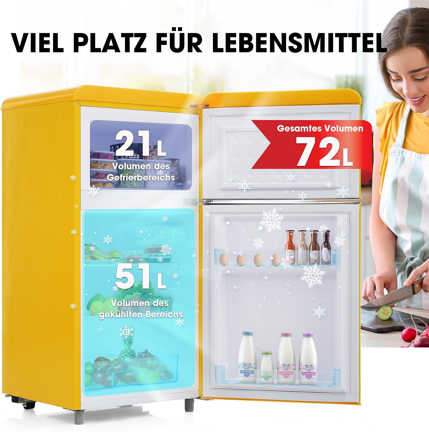 Réfrigérateur-congélateur Style rétro, Deux Portes, capacité Totale de 72 litres, Compartiment congélateur de 21 litres, consommation énergétique de 120 kWh/an, éclairage LED Yellow – Image 2