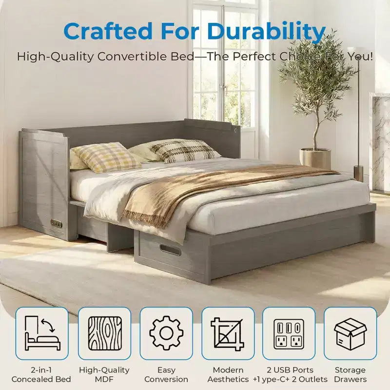 Mjkone Queen Size Convertible Murphy Cabinet Bed with Mattress, USB Charging, Storage Drawers – Image 44