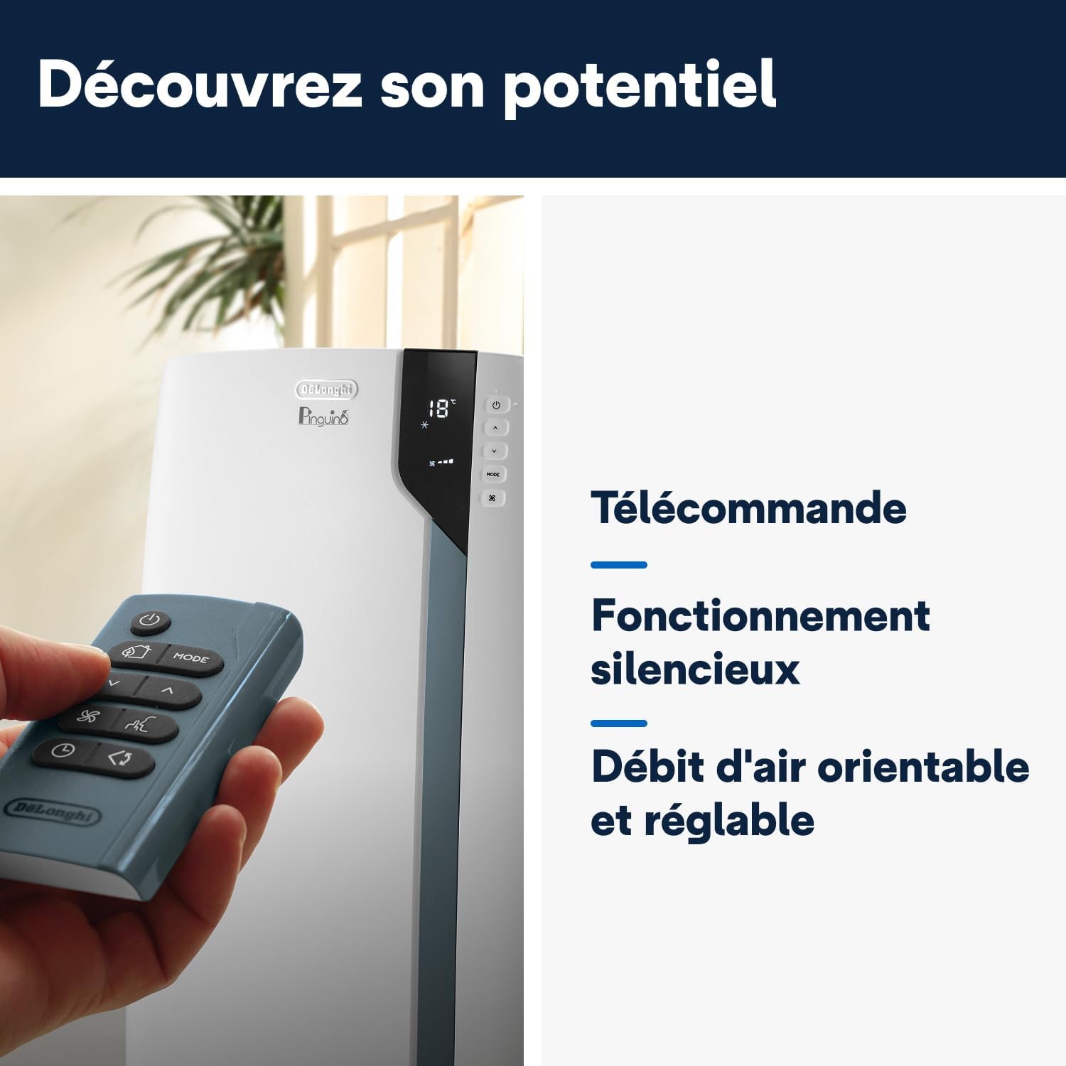 De'Longhi Pinguino PAC EX105 Climatiseur mobile avec technologie EcoRealFeel 10 000 BTU/h, pour pièces jusqu'à 100 m³, fonction déshumidification et ventilation, minuterie 24 heures, classe – Image 6