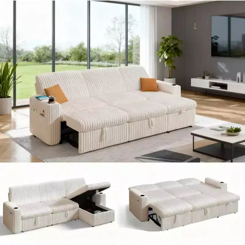 L-Shaped Sectional Sleeper Sofa with Pull-Out Bed, USB Ports & Storage – Image 2