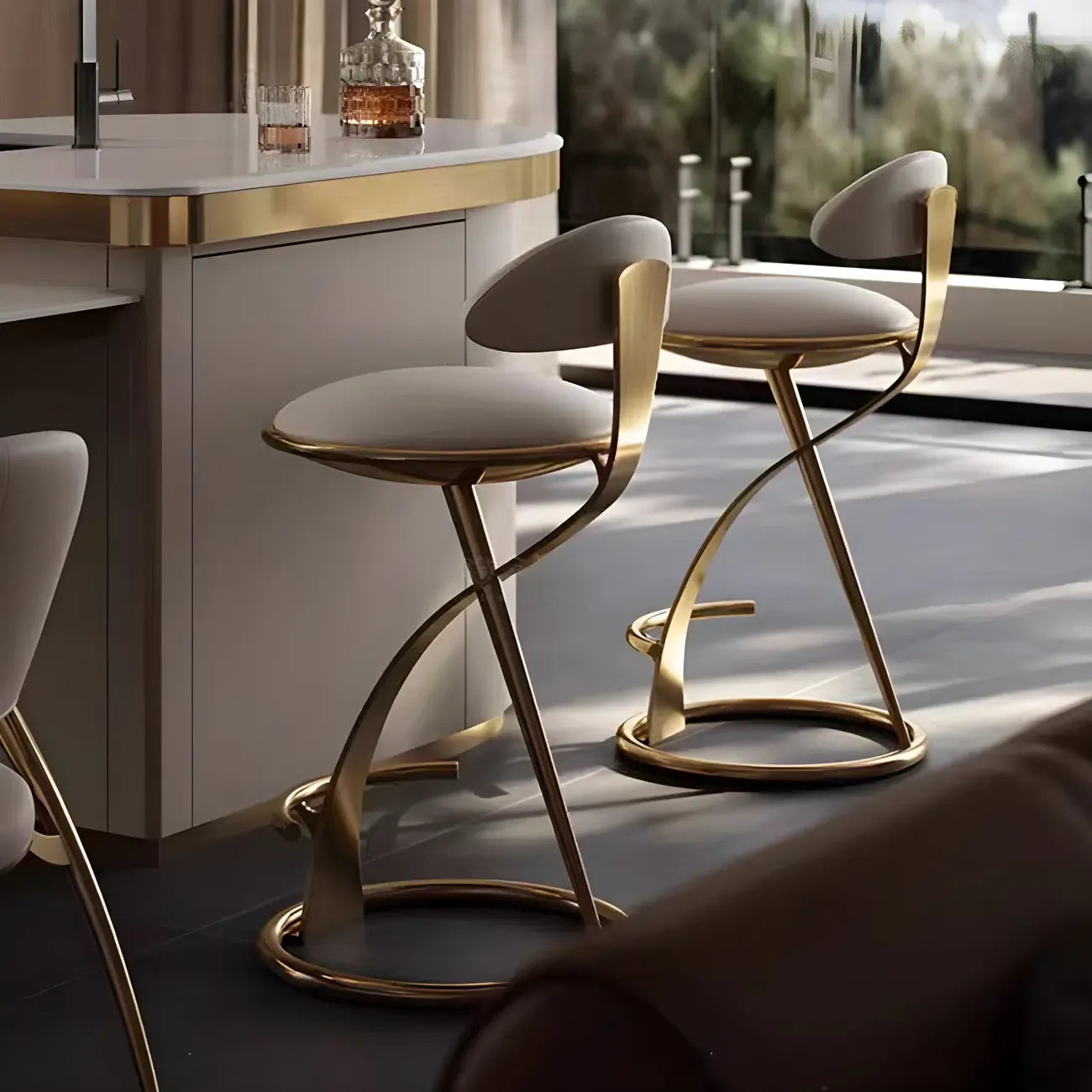 Luxury Gold Metal Frame Sleek Beige Leather Bar Stool – Image 3