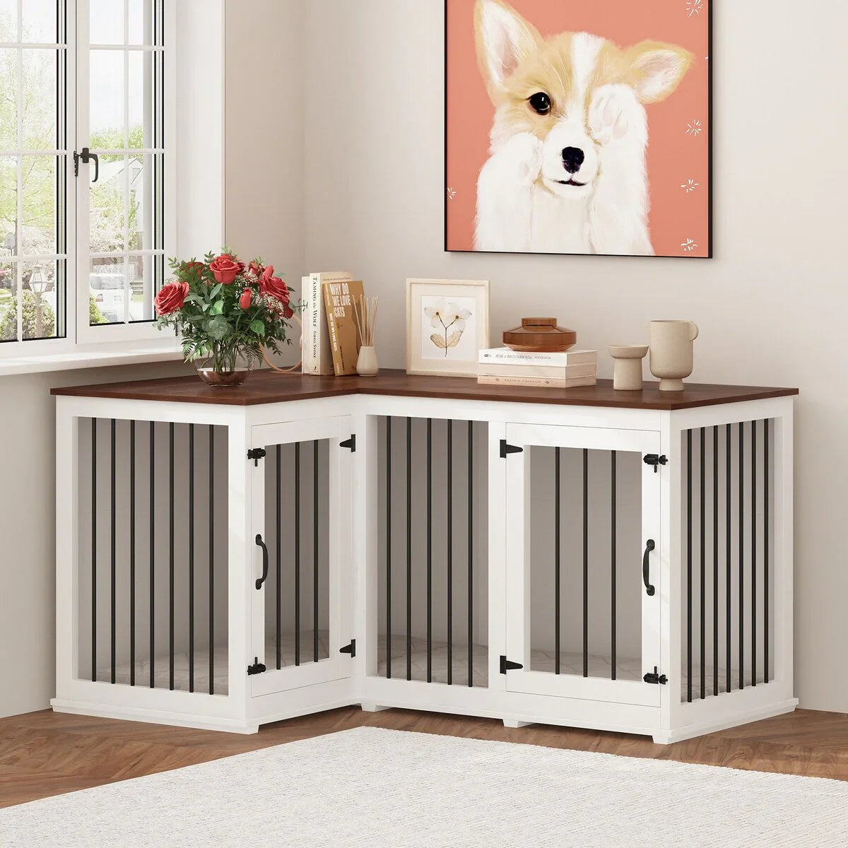 Large Corner Dog Crate Furniture for 2 Dogs, L Shape Dog Crate Cage - 58.7X41.1 – Image 6