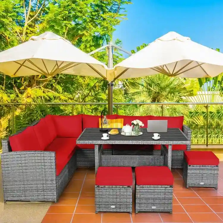 7 Pcs All-Weather Patio Rattan Dining Furniture Sectional Sofa Set with Wicker Ottoman and Cushed Couch – Image 30