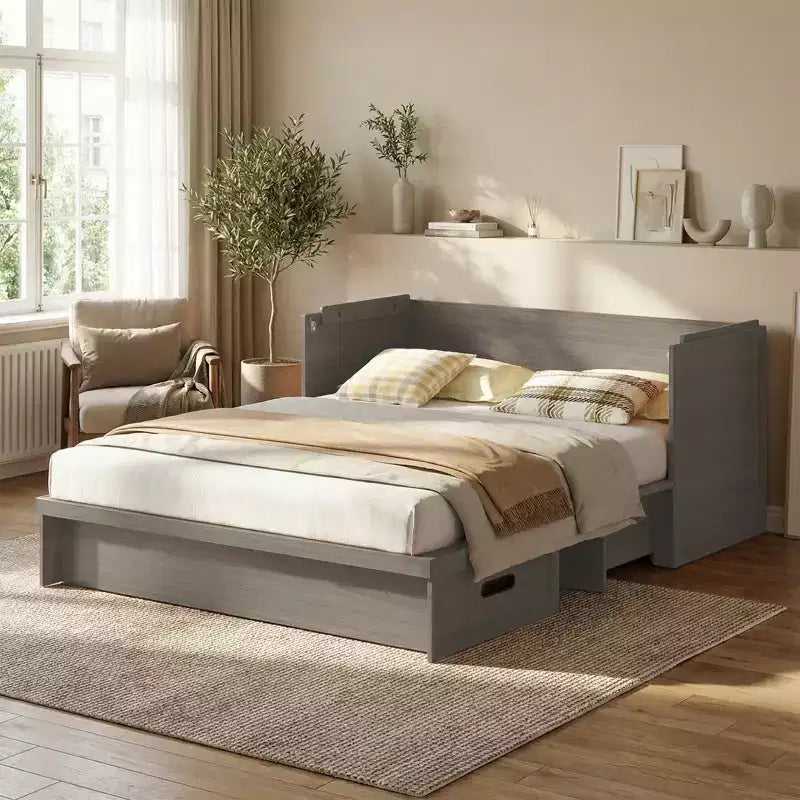Mjkone Queen Size Convertible Murphy Cabinet Bed with Mattress, USB Charging, Storage Drawers – Image 2
