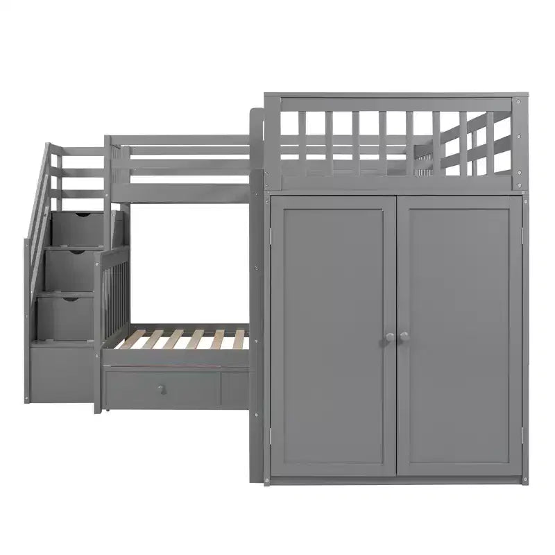 Whisen Modern Design Twin over Full L-Shaped Bunk Bed With 3 Drawers, Portable Desk and Wardrobe – Image 44