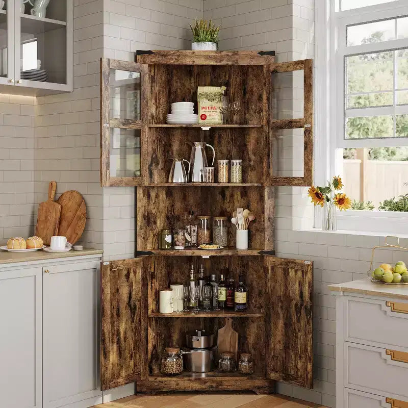 67 in Tall Corner Storage Cabinet with Lights, Farmhouse Corner Hutch Display Cabinet with Glass Doors, Wooden Storage Organizer for Kitchen, Bathroom – Image 6