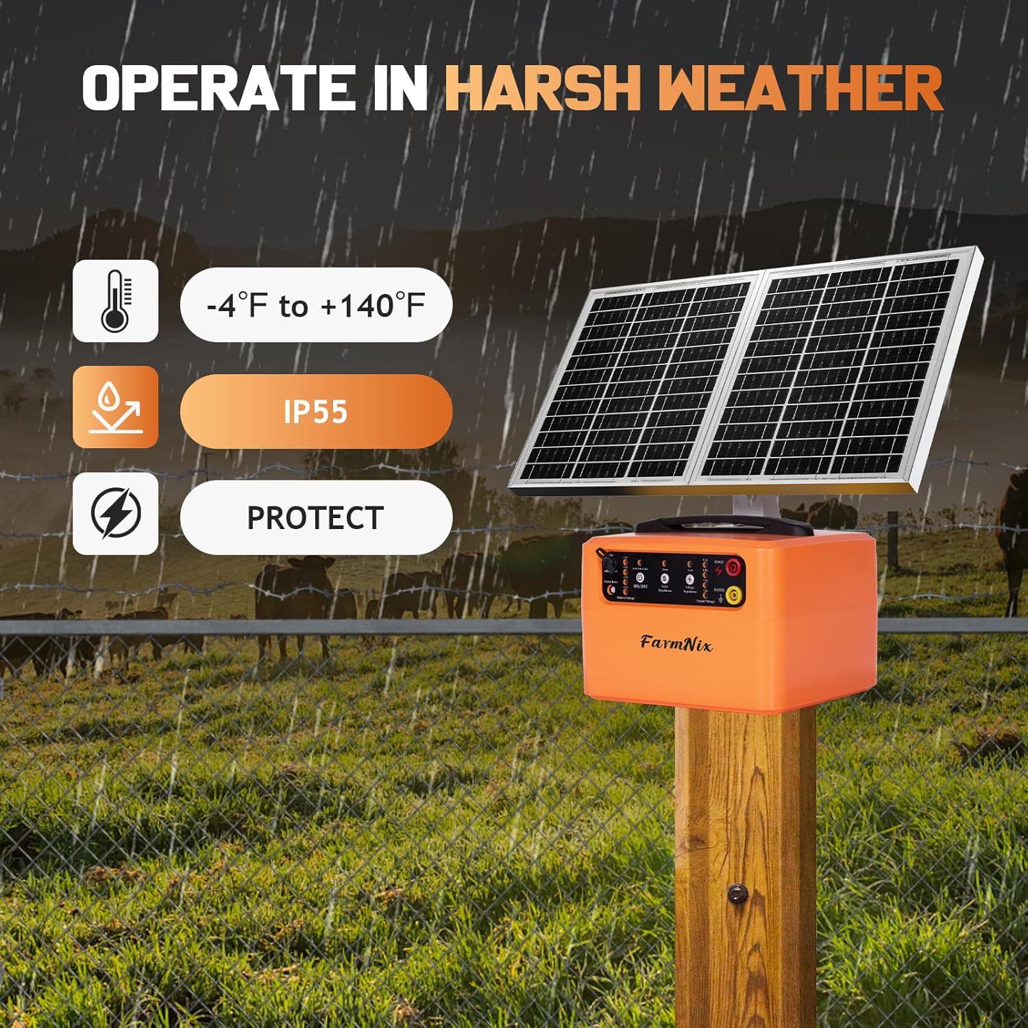 FarmNix 48KM Électrificateur Clôture Electrique Solaire, 6KV-12KV avec Panneau Solaire 15W & Batterie 7Ah 12V, 0.3-1.5J pour élevage d'animaux de berger, pour ferme, pâturage, jardin – Image 3