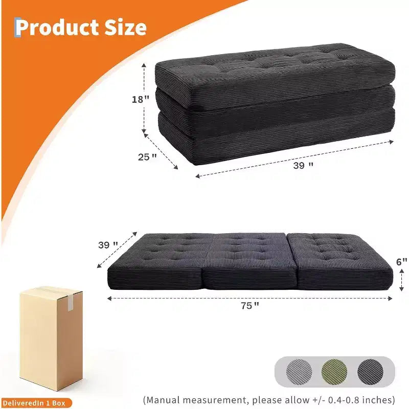 39x75 Tri-Fold Memory Foam Sofa Bed 6 Tufted Mattress – Image 6