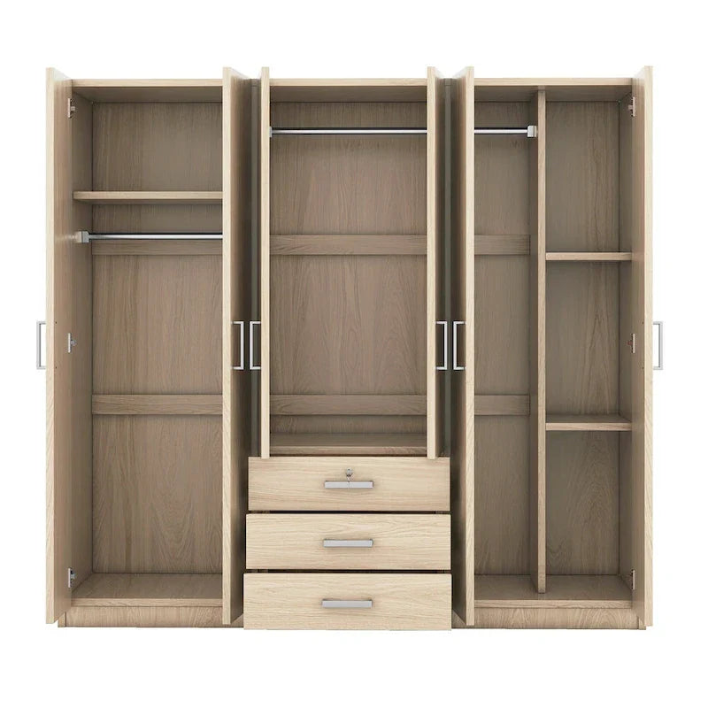 6-Doors Wooden Wardrobe Storage with 3 Big Drawers for Bedroom – Image 24