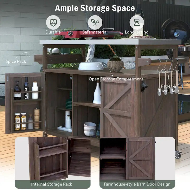 Outdoor Kitchen Island, Rolling Bar Cart & Storage Cabinet,Solid Wood Grill Table with Stainless Steel Top,Spice Rack,Towel Rack – Image 6