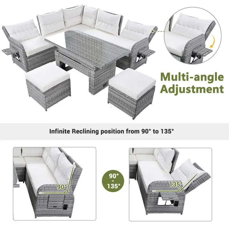 Outdoor Rattan Sectional Sofa Set with Adjustable Table & Recliners – Image 24