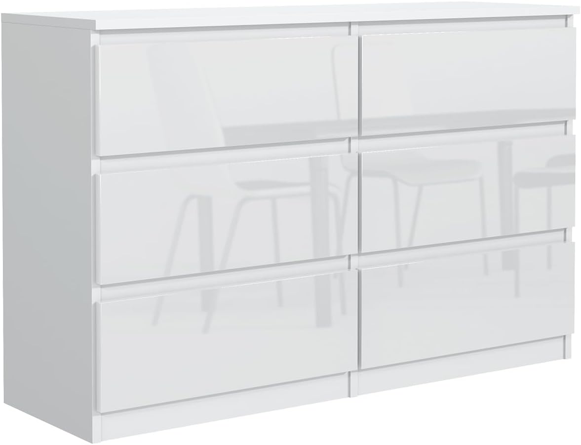 MebLocker Commode 6 Tiroirs Brillance Blanche 120 cm - Design Minimaliste - 120 x 39 x 78,5 cm - Meuble de Rangement Spacieux pour Chambre, Salon ou Bureau
