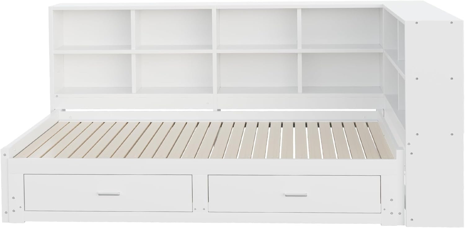Lit Gigogne 90x190 cm + 180x190 cm - Lit en Bois avec Rangement et Prise Intégrée, Structure Pin et MDF, Matelas Non Inclus - Blanc – Image 7
