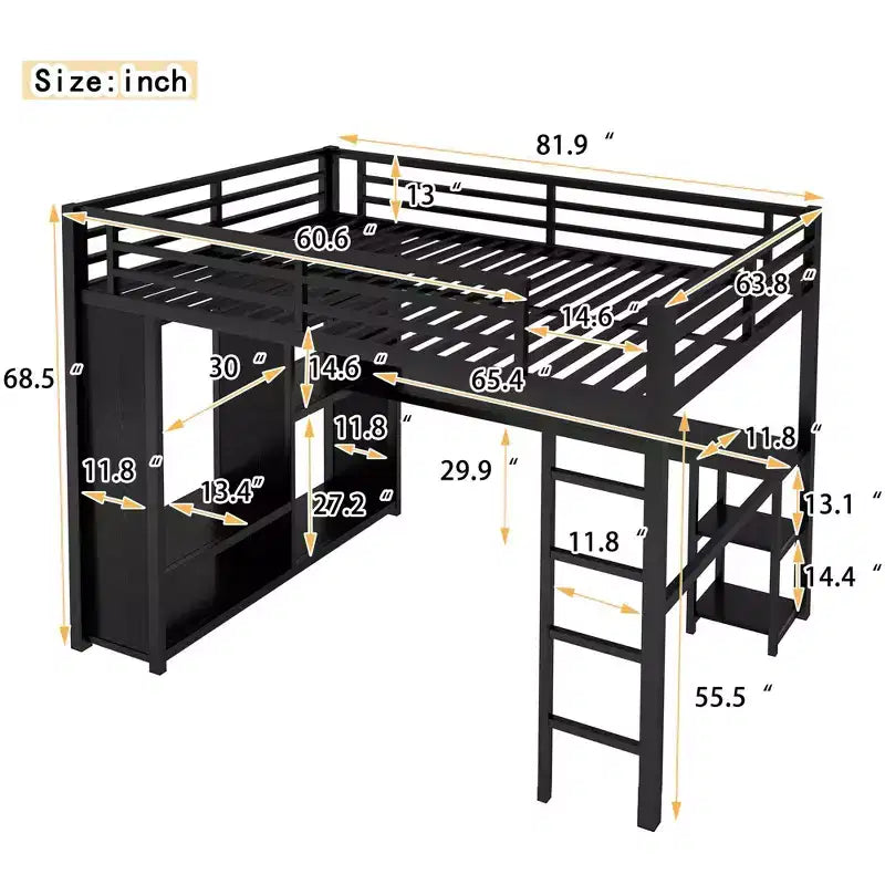 Queen Size Loft Bed Frame with Built-in Wardrobe Metal Loft Bed with Desk and Storage Shelves Black – Image 2