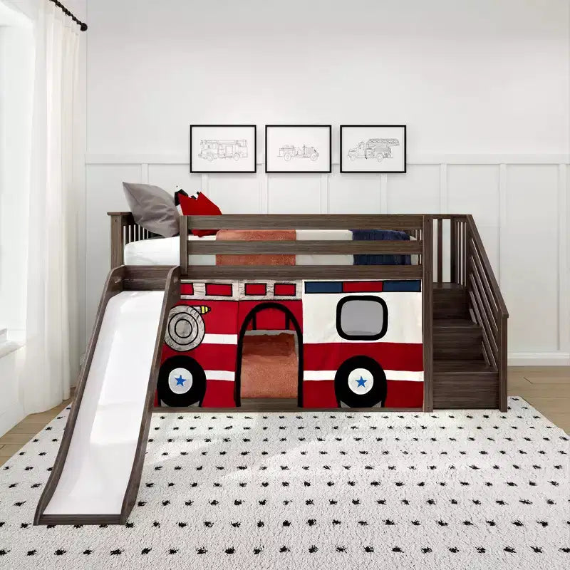 Low Twin over Twin Bunk With Stairs, Easy Slide & Firetruck Curtain – Image 3