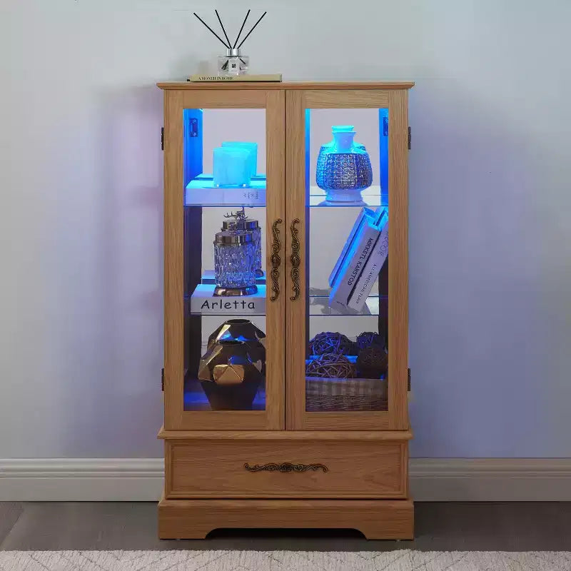 Lighted Glass Curio Cabinet with Adjustable Shelves - Elegant 2-Door Display Cabinet & Built-in Drawer, Includes Bulb – Image 33