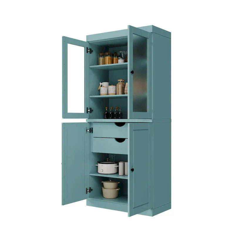 100% Solid Wood Pantry Cabinet with Frosted Glass Doors, Solid Doors, 2-Drawers and Adjustable Shelves – Image 15