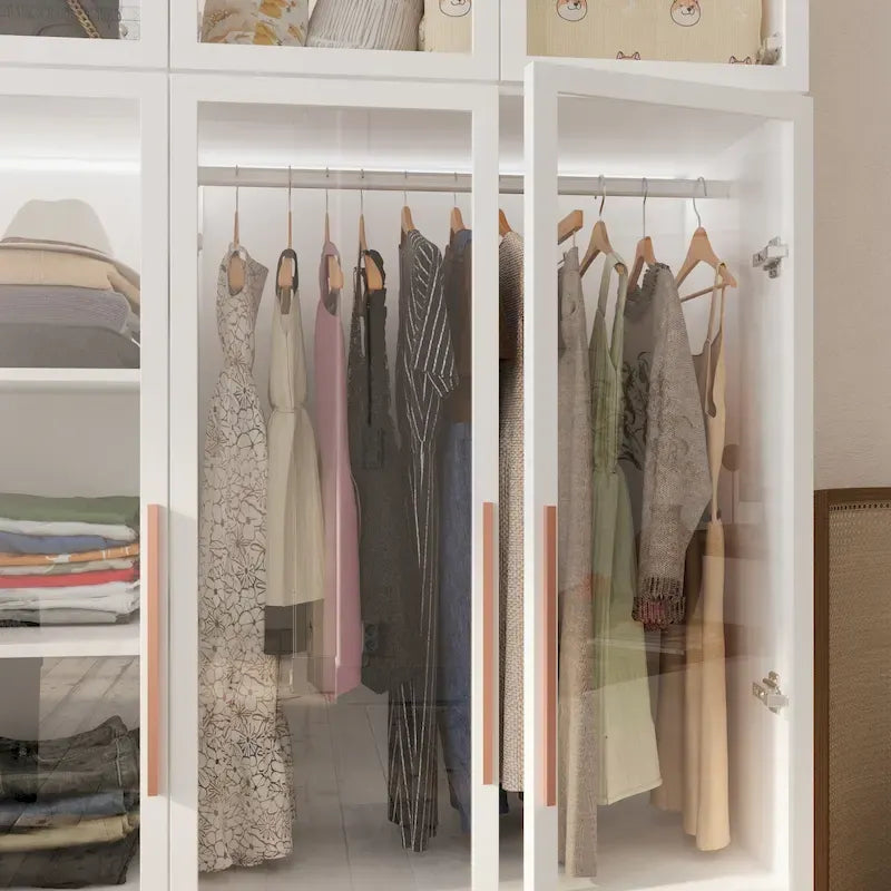 47.2 Wide Armoire LED Light All Glass Door Closet Cabinet Wardrobe – Image 10