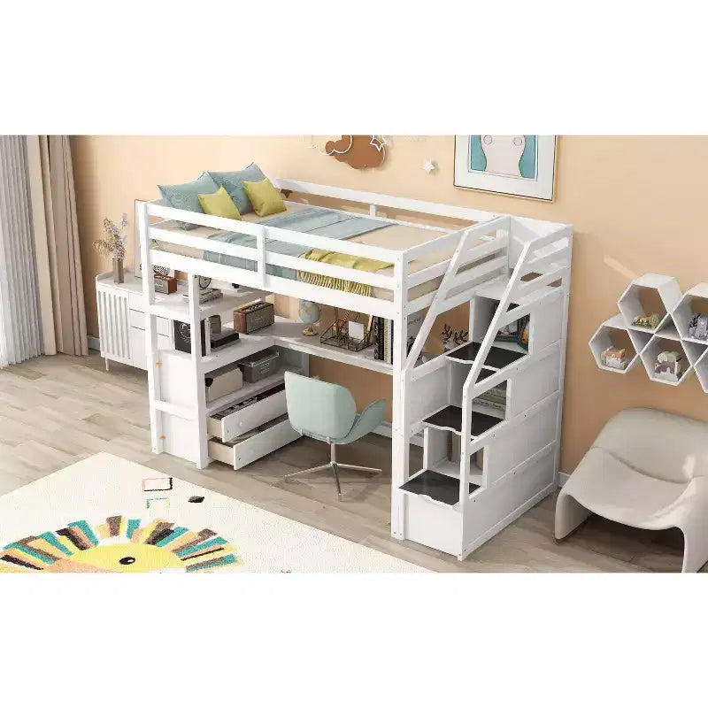 Okak Full/Twin Size Solid Wood Bunk Bed with 2 Built-in Drawers & Storage Staircase Loft Bunk Bed with Desk & Shelves for Kids Teens, Easy Assemble – Image 9