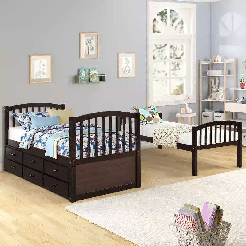Twin Bunk Bed with Ladder, Safety Rail, Twin Trundle Bed with 3 Drawers for Teens Bedroom, Guest Room Furniture – Image 5