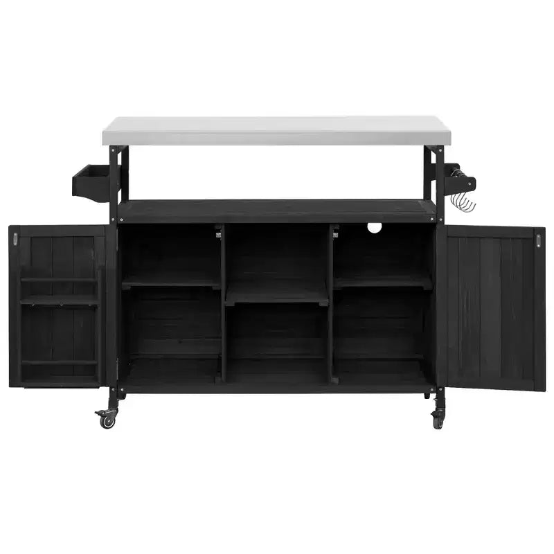 Outdoor Kitchen Island with Stainless Steel Top, Wooden Kitchen Cart with Doors, Shelves and Spice Rack, Rolling Kitchen Island – Image 9