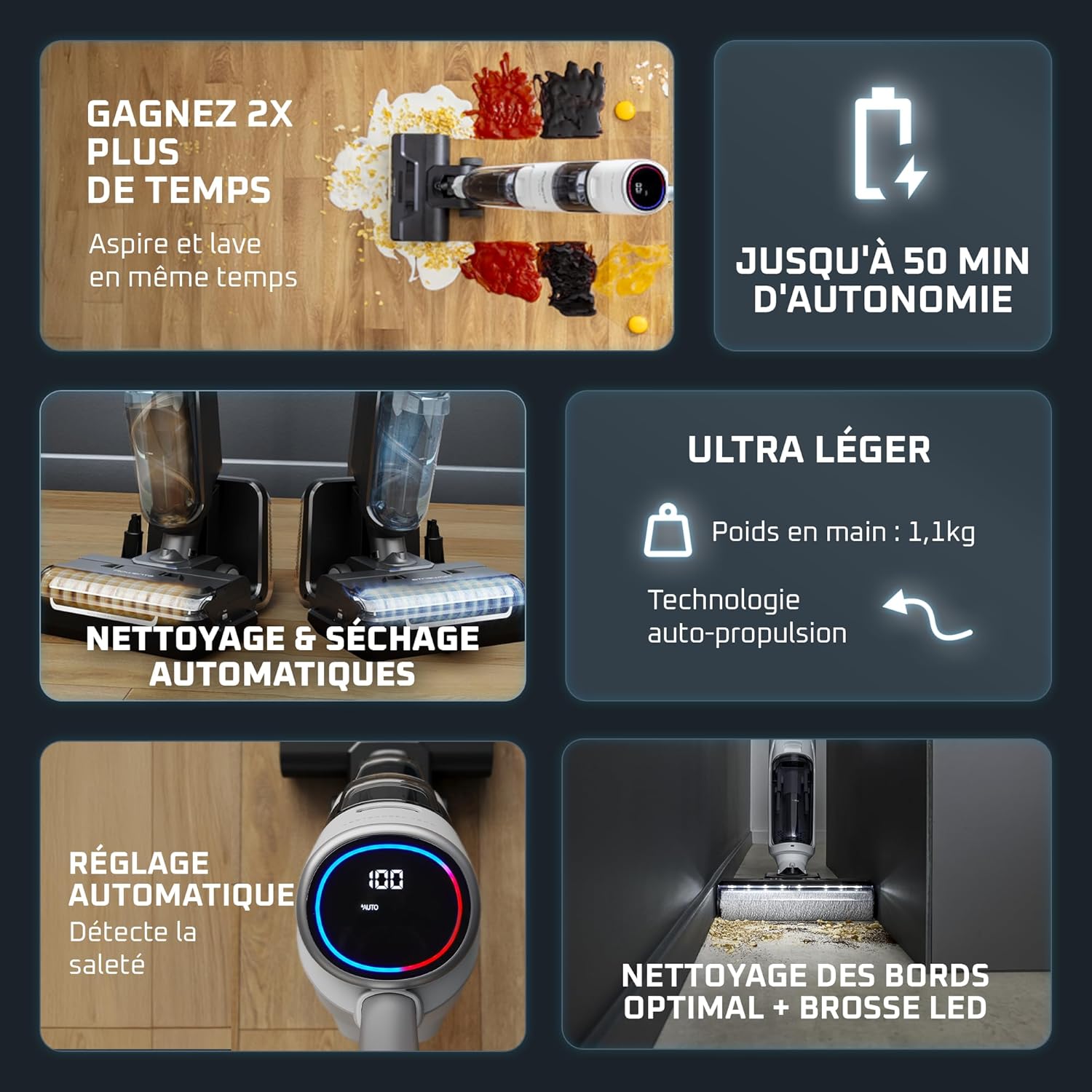 Rowenta X-Clean5, Aspirateur Laveur sans Fil, Nettoyage 2-en-1, Mode de détection Auto, Éclairage LED, Auto-Nettoyage, Séchage air Chaud, GZ5557EE, Blanc/Noir – Image 8