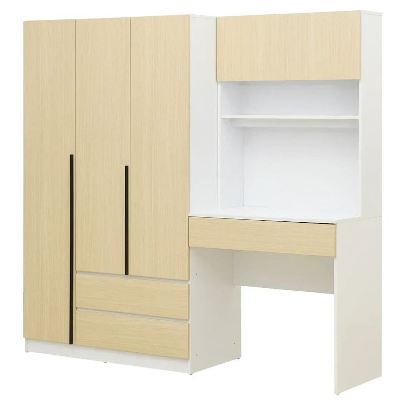 3-in-1 Wardrobe Closet with Vanity Desk, Desk Set, Bedroom Armoire with 2 Drawers 3-Door Storage Desk Wardrobe – Image 20
