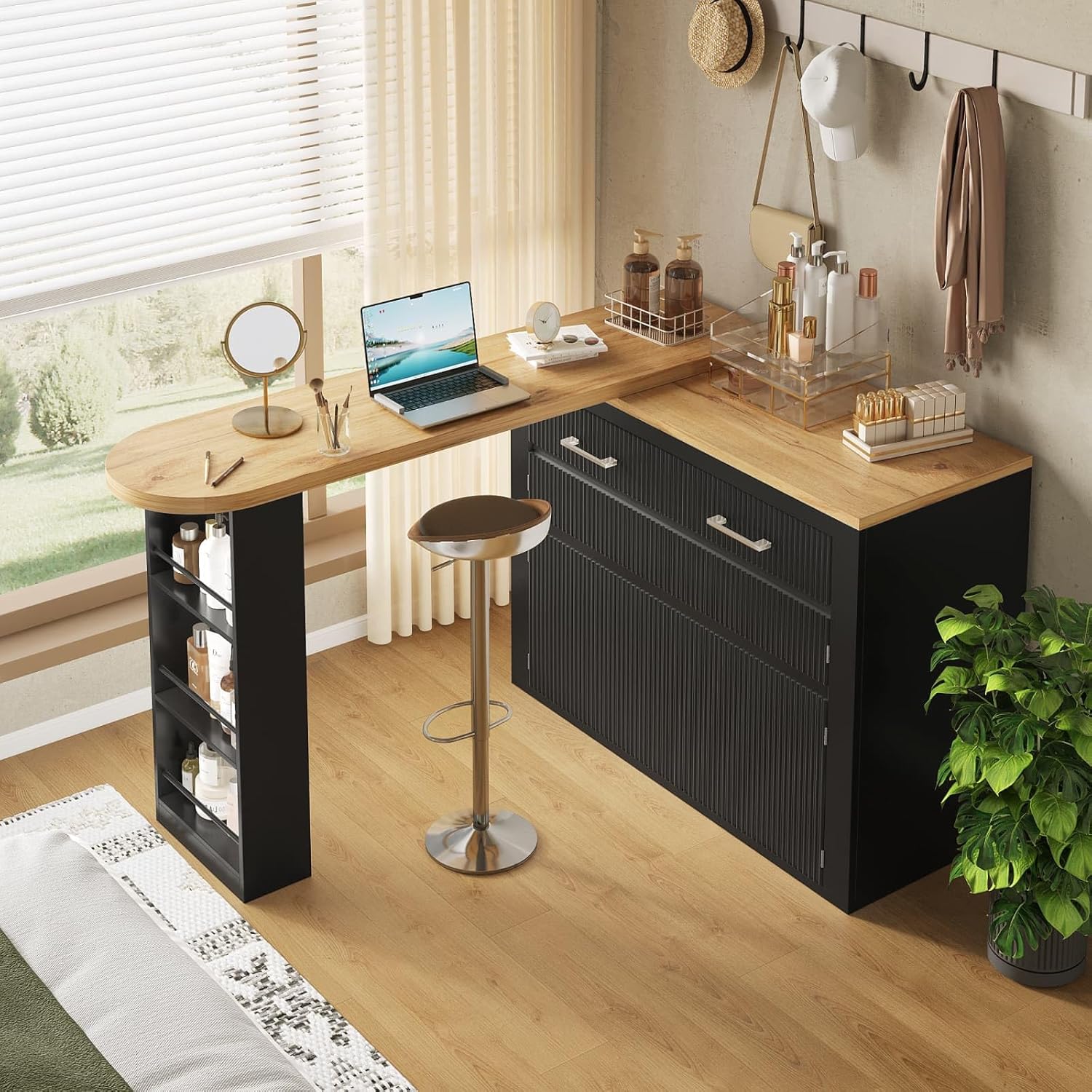 KOMHTOM Table de Bar Extensible avec Espace de Rangement, Meuble Bar avec 2 Portes en Verre, Rotation Libre à 360 °, étagères latérales (Noir-3) – Image 5