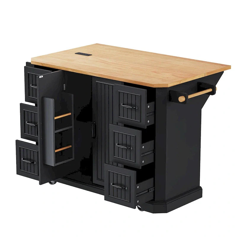 Expandable Drop-Leaf Kitchen Island, Kitchen Cart on 4 Wheels with Power Outlet, Moveable Island Table with 2 Door & 6 Drawers – Image 18
