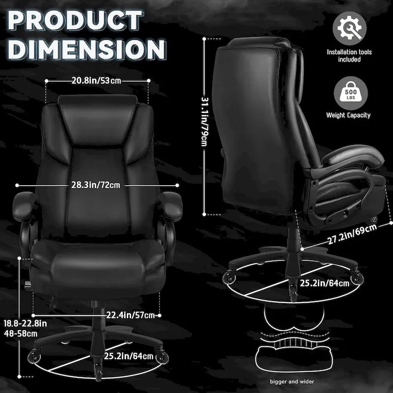 Bossin Big and Tall Executive Office Chair,500LBS Adjustable Lumbar Support Ergonomic Chair with High Back PU Leather Computer – Image 30