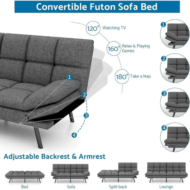 Memory Foam Futon Couch Bed Convertible Sofa with Adjustable Splitback for Compact Living Space – Image 8