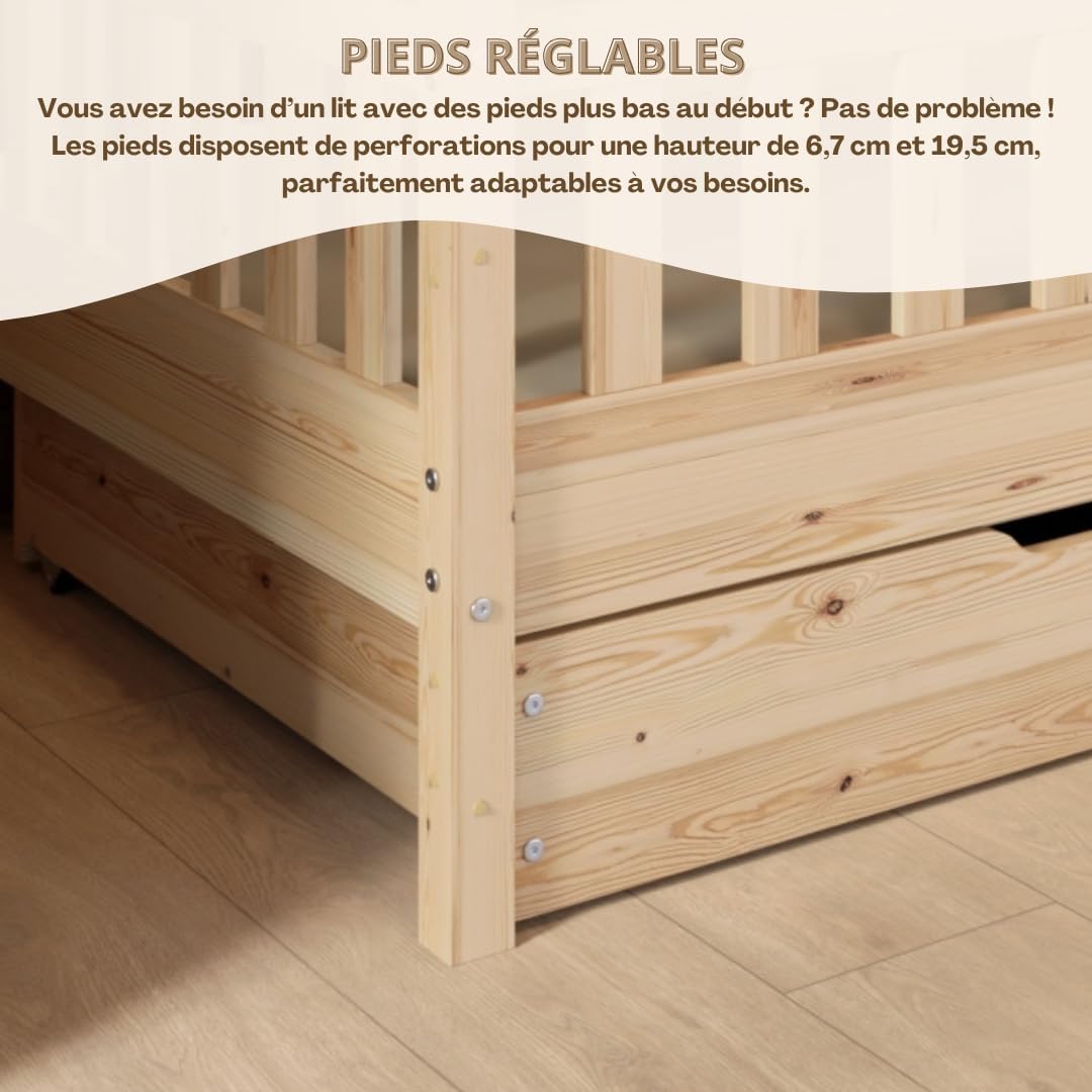 Crazy Blanco Lit de maison avec tiroirs, 90 x 190 cm, en bois naturel, avec protection anti-chute, design scandinave, lit de sol Montessori avec espace de rangement supplémentaire – Image 6