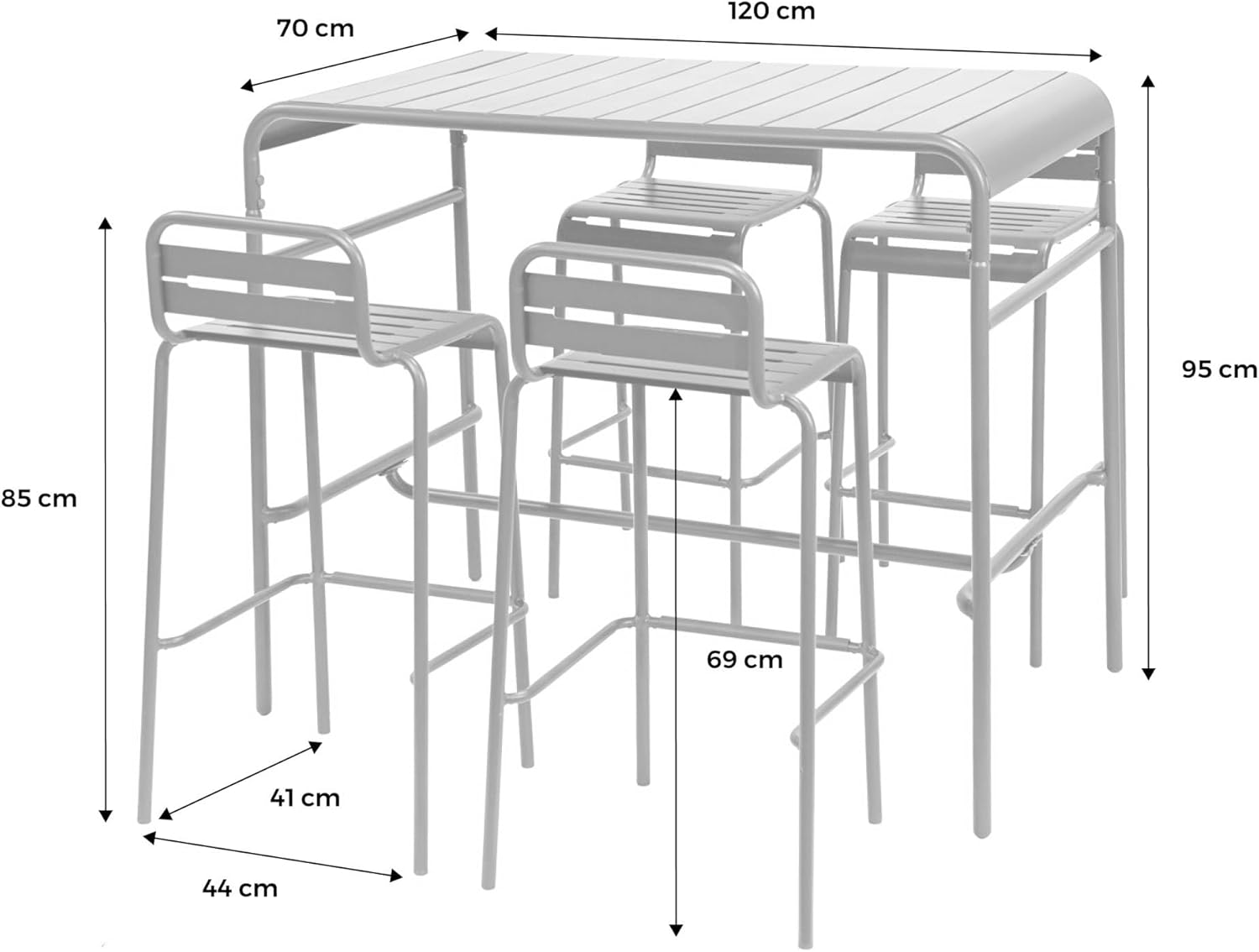 sweeek - Table Haute de Jardin Acier + 4 assises Amelia Anthracite. 4 chaises Hautes en Acier. 120 x 70cm x 95cm – Image 4