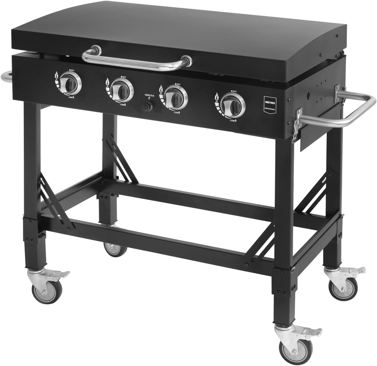 METRO PROFESSIONAL Barbecue Plancha à Gaz avec 4 Brûleurs Dayton, Acier Inoxydable, 14.8 kW, Allumage par Impulsion, 4 roulettes Pivotantes, Pliable, Noir – Image 3
