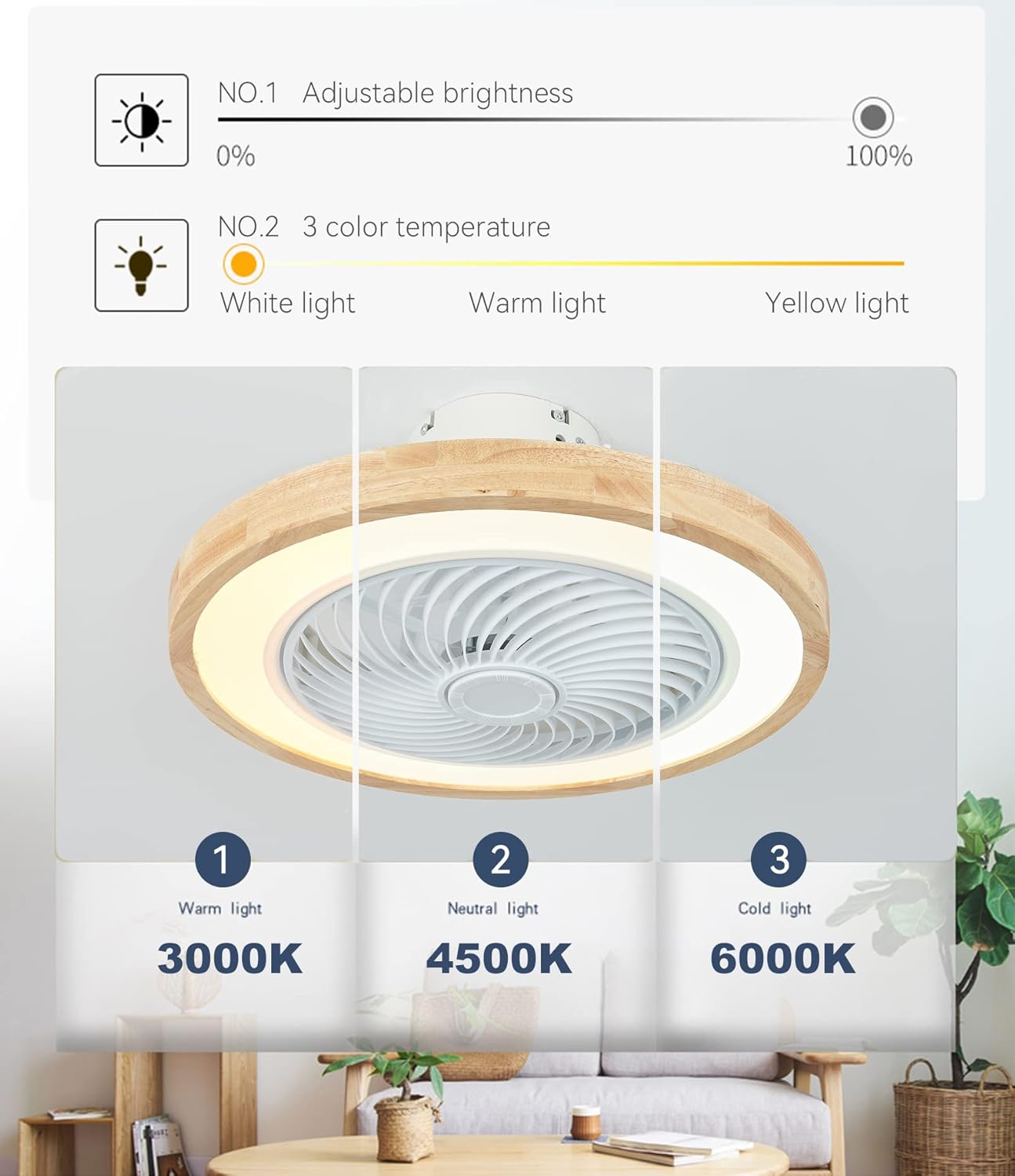 LJX Ventilateurs de Plafond avec Lumières Bois et Télécommande Plafonnier Ventilateur Design Sans Pales Été Et Hiver Réversible 6 Vitesses Moteur DC Gradable Ventilo Plafond Silencieux Pour Chambre – Image 4
