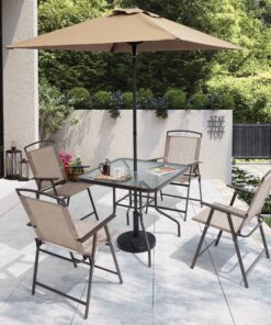 Pellebant 6 Piece Patio Set with Table, Umbrella and 4 Folding Chairs - 22.4Wx26.8Dx34.4H