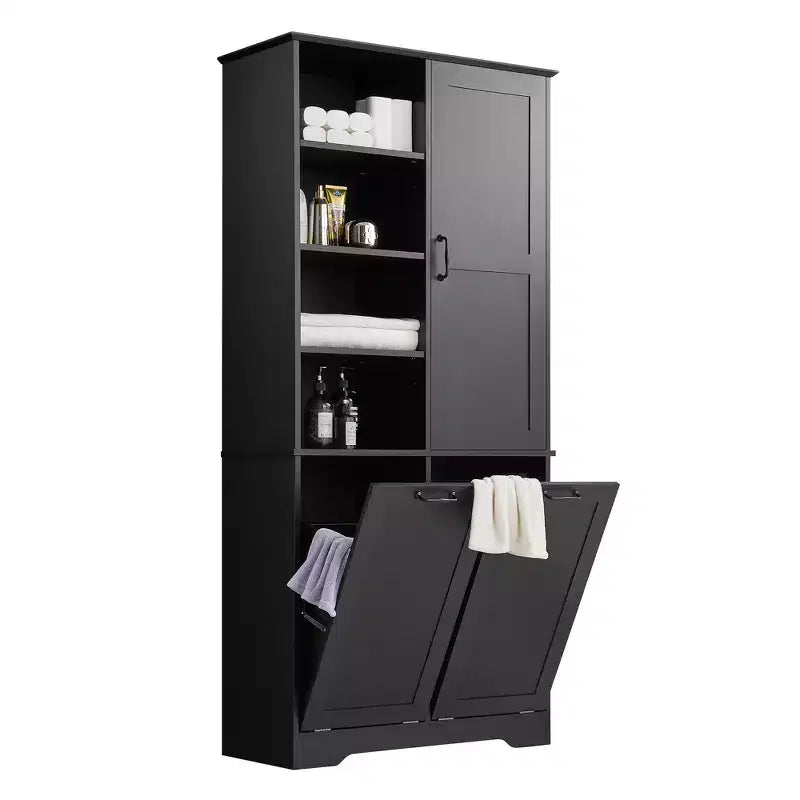 Bathroom Storage Cabinet with Doors and Drawers Tilt-Out Laundry Hamper Multiple Storage Space Freestanding Style – Image 8