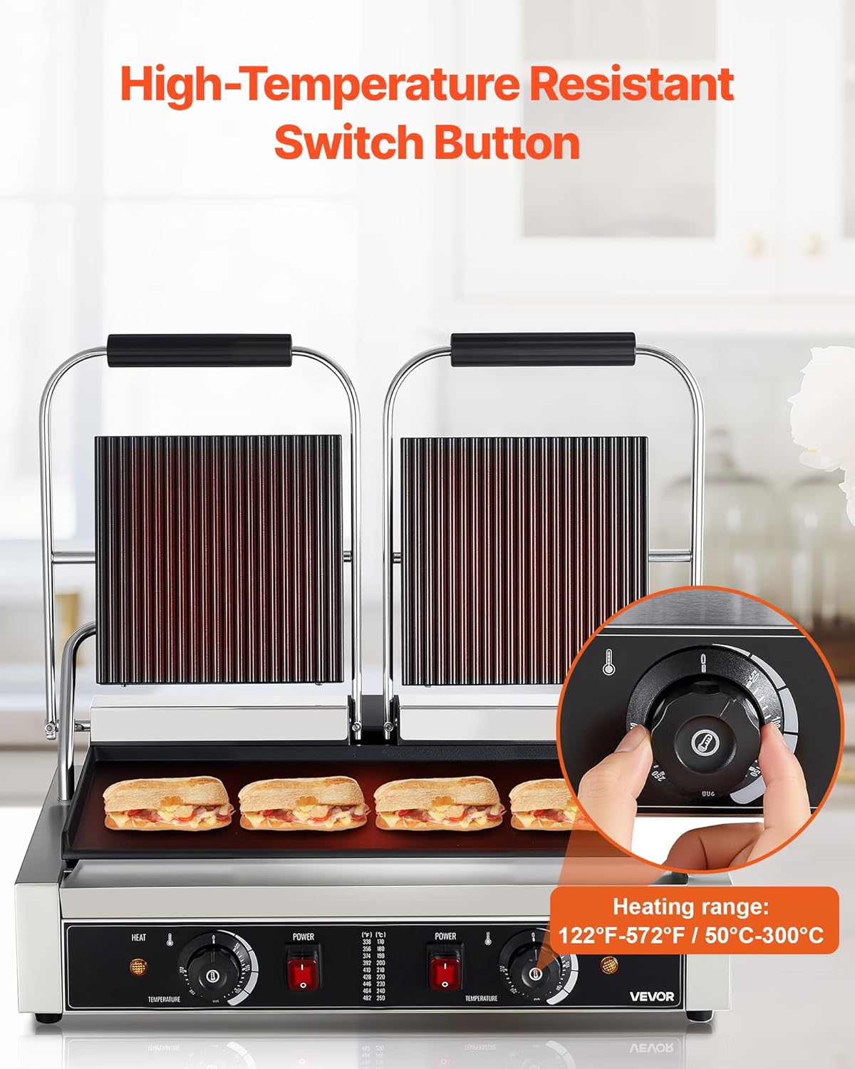 VEVOR Gril Panini Électrique de 3600 W, Double Presse à Panini avec Plaque de Cuisson Émaillée de 48,5x23 cm, Appareil à Sandwich en Inox, Contrôle de la Température, pour Hamburger, Steak, Cuisine – Image 5
