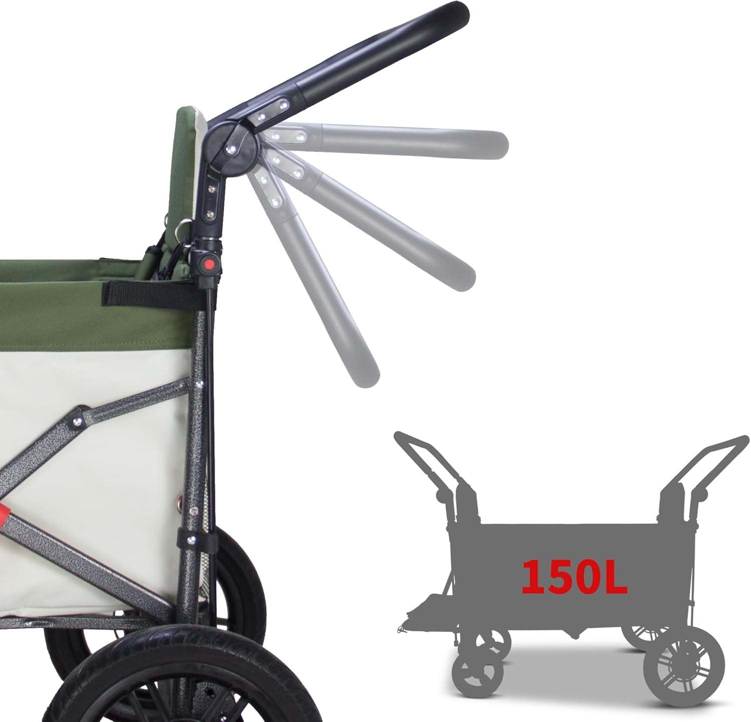 TOPWELL Chariot de transport pliable de 180 l jusqu'à 120 kg avec 2 sièges pliables/toit/frein, chariot de transport pliable avec roues en polyuréthane vert/beige – Image 7
