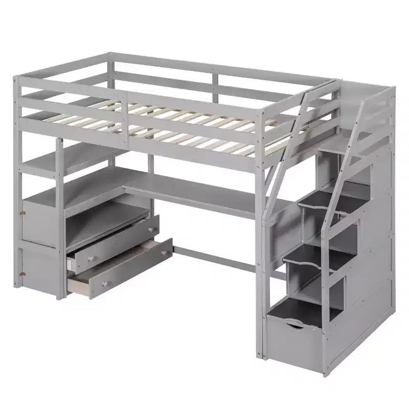 Okak Full/Twin Size Solid Wood Bunk Bed with 2 Built-in Drawers & Storage Staircase Loft Bunk Bed with Desk & Shelves for Kids Teens, Easy Assemble – Image 6
