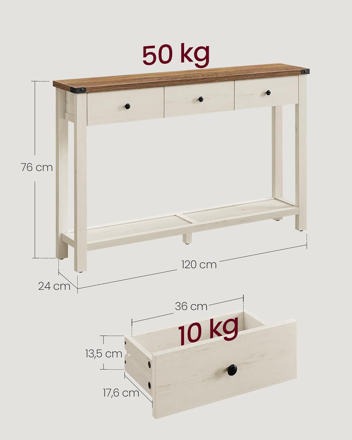 VASAGLE Table Console, Table d'Entrée avec 3 Tiroirs et Étagère de Rangement, pour Entrée, Salon, Style Campagnard, Marron Miel et Blanc Rustique LNT142WJ01 – Image 7