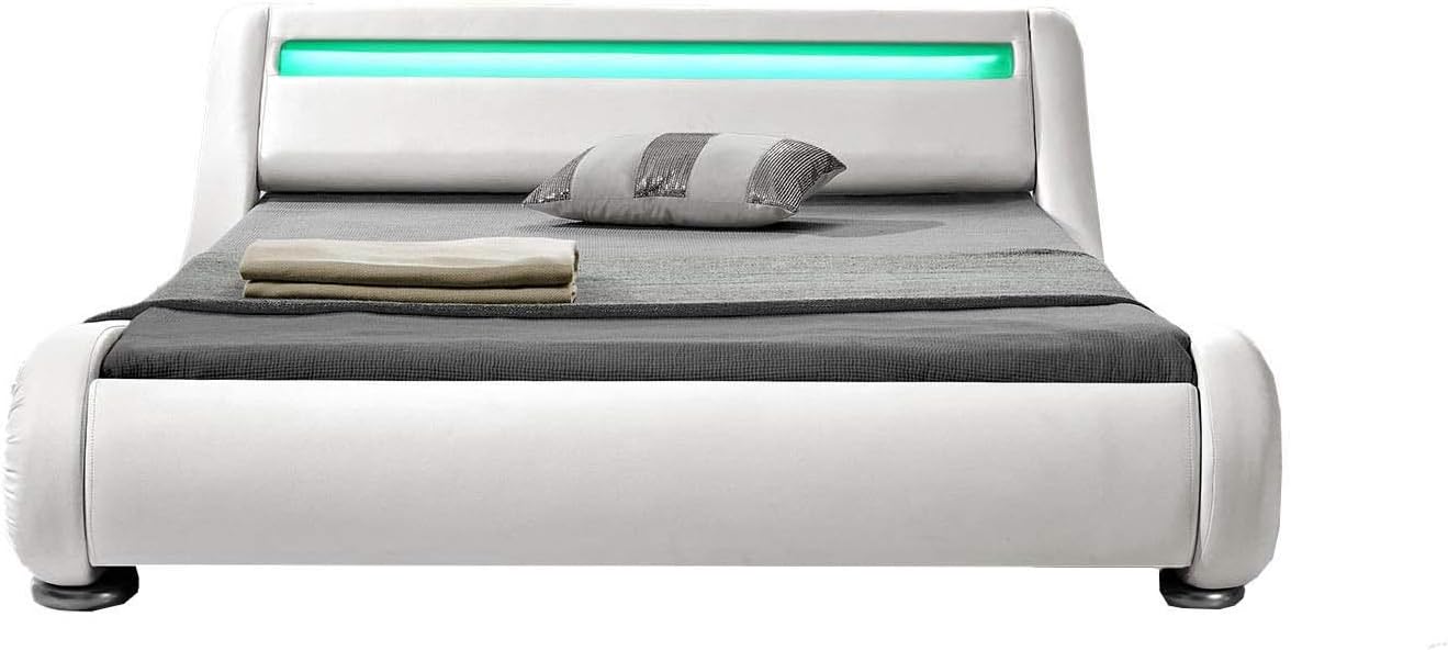 CONCEPT USINE Lit Double Seattle 140x190 cm avec LED Design Moderne en Simili Blanc Tête de Lit Lumineuse Télécommande LED 4 Couleurs Incluse Structure Plywood Solide et Sommier 2 Places – Image 8