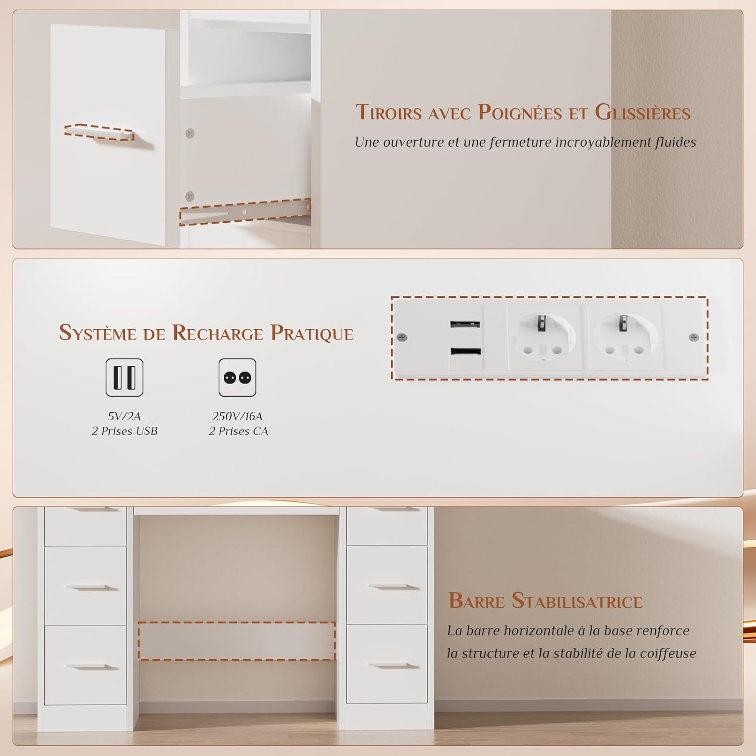 JUMMICO Coiffeuse avec Miroir et Prise, 10 Ampoules LED à 3 Modes de Lumière, Table de Maquillage avec Rangement, 7 Tiroirs, 4 Étagères, Support pour Sèche-Cheveux, Meuble Moderne de Chambre Blanc – Image 3