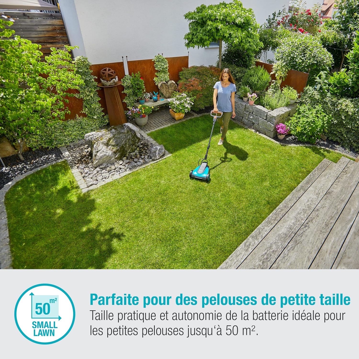 Set tondeuse à gazon sans fil HandyMower 22/18 V P4A Gardena, prêt à l’emploi : Tondeuse manuelle, pour pelouse jusqu’à 50 m², hauteur de coupe réglable, avec batterie 18 V P4A (14620-20) – Image 2