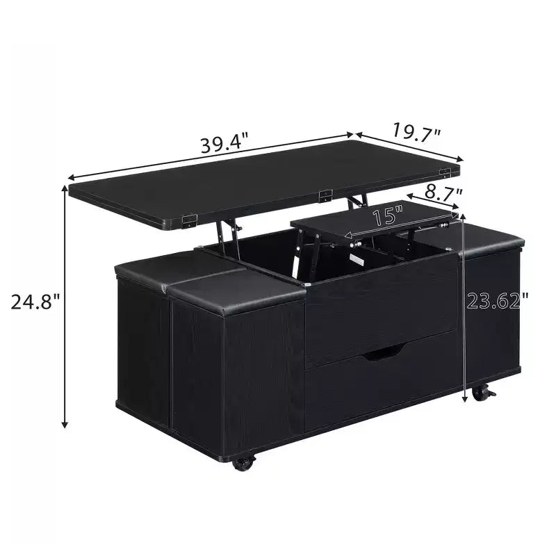 Zeus & Ruta Multi-Function Modern Lift-Top Coffee Table with Hidden Storage, 4 Stools and Casters, Perfect for Modern Living Spaces – Image 8