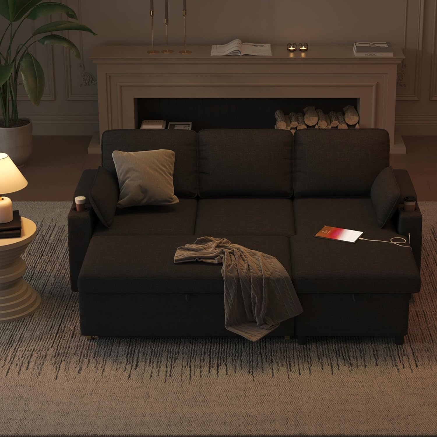 DURASPACE Canapé d'angle Convertible, Canapé Lit 3 Places en L avec Chaise Réversible, Canapé avec Rangement, Port USB et Porte-gobelet – Image 7