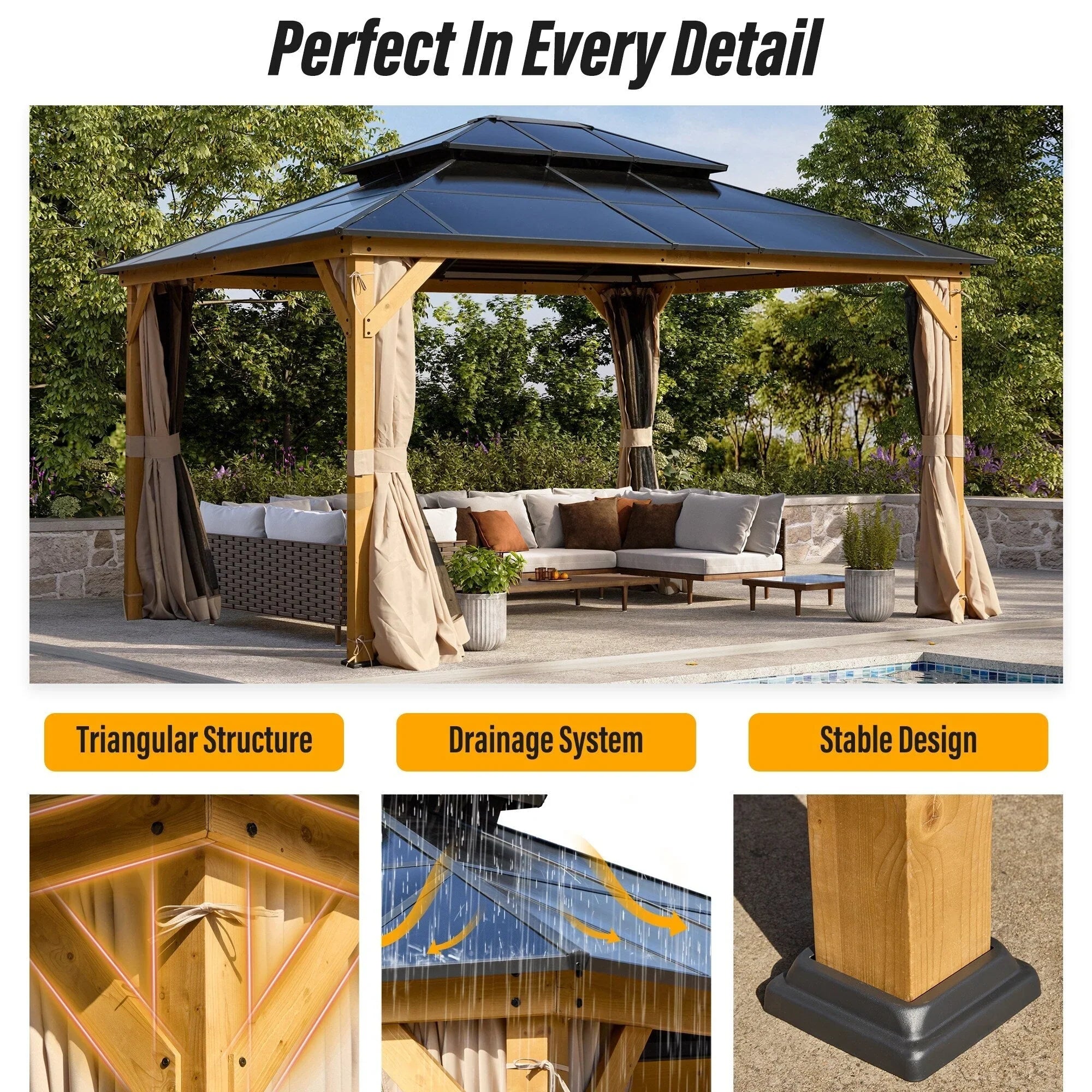 EROMMY Hardtop Gazebo,Outdoor Pergola with Double Roof & Netting & Curtains,Heavy Duty Canopy for Patio, Backyard, Pool party – Image 70