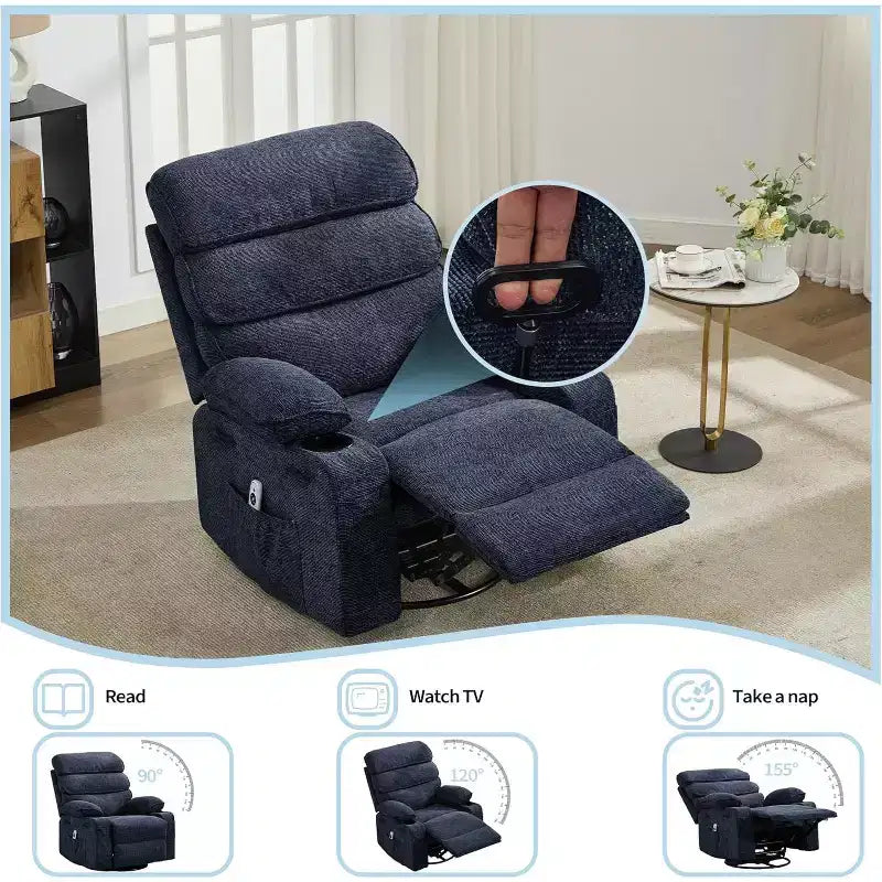 Massage Rocker Recliner with Heating, 360 Swivel Glider Recliner Chairs for Adults, Linen Nursery Chair with Side Pocket, Two Cup Holders – Image 5