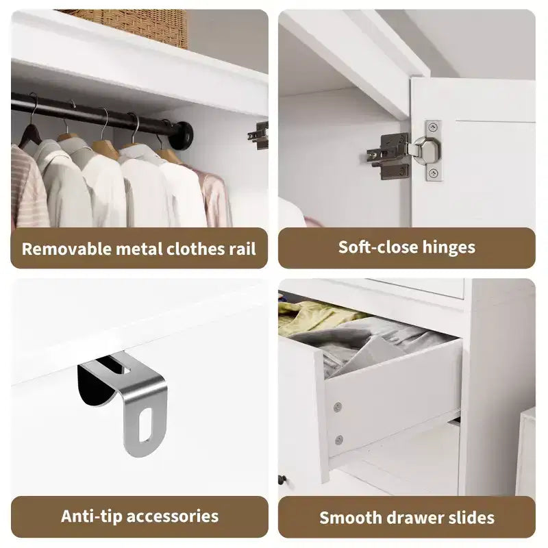 COZONY Armoire Wardrobe with 3 Drawers & 2 Doors, Modern Wooden Closet Cabinet for Bedroom, Heavy Duty White Standing Armoire – Image 16