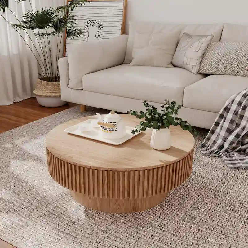 Modern Solid Wood Veneered Round Coffee Tea Table with Storage – Image 16